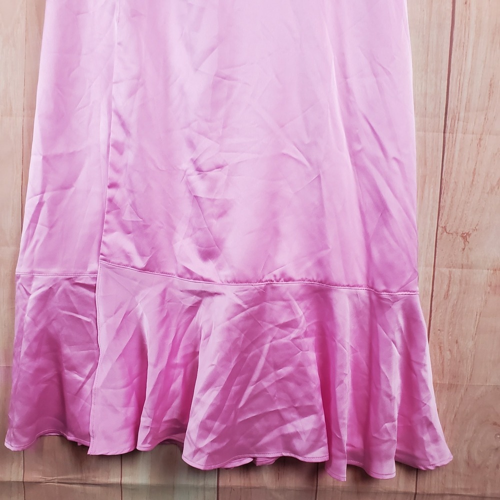 Show Me Your Mumu Midi A Line Dress Womens Medium Pink Satin Smocked Side Slit - Picture 6 of 10